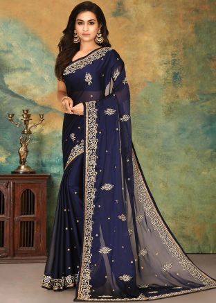 Dark Blue Hand Embroidered Saree In Georgette