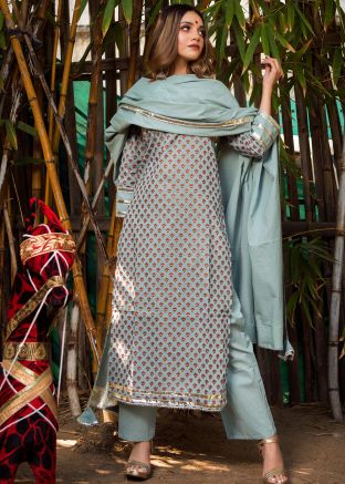 Grey Hand Block Printed Readymade Pant Suit