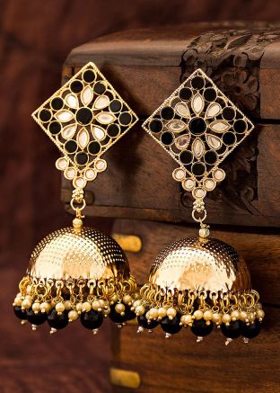 Studded Kundan Jhumka Earring In Black