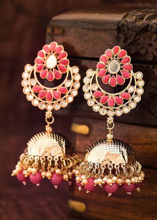 Pink Jhumka Earrings With Studded Kundan