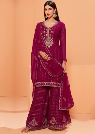 Magenta Embroidered Sharara Suit In Georgette