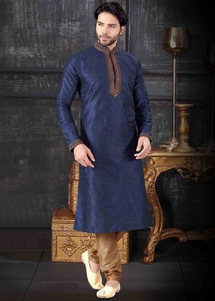 Navy Blue Embroidered Art Silk Kurta With Churidar