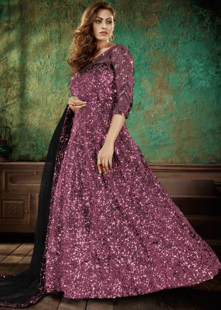 Pink Sequined Anarkali Salwar Kameez In Net