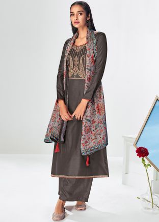 Grey Embroidered Palazzo Suit Set In Art Silk