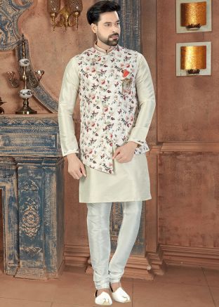 Off White Kurta Churidar With Floral Printed Jacket