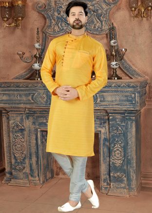 Yellow Straight Cut Art Silk Kurta Churidar Set