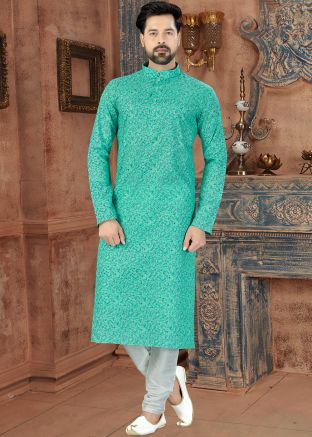 Green Printed Readymade Kurta With Churidar