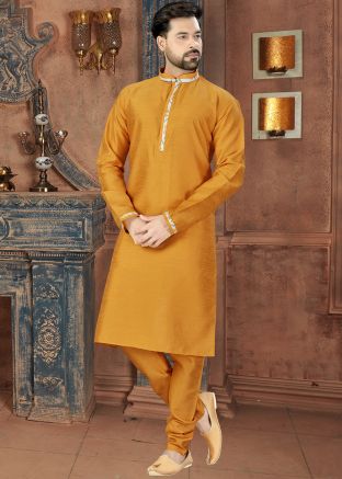 Yellow Straight Cut Art Silk Kurta Churidar Set