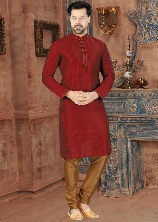 Maroon Printed Readymade Kurta With Churidar