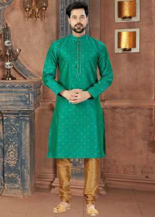 Green Woven Readymade Kurta Churidar Set