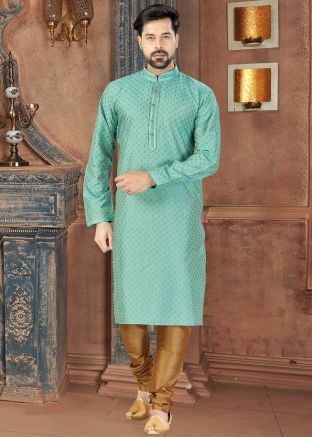 Turquoise Art Silk Printed Kurta Churidar Set