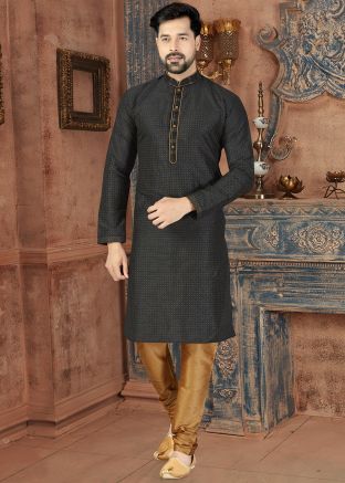 Black Printed Art Silk Kurta Churidar Set