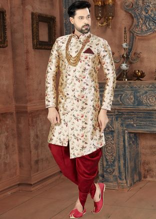 Golden Floral Printed Asymmetric Sherwani Dhoti Set
