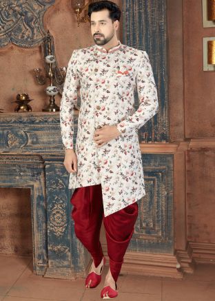 White Floral Digital Printed Sherwani With Dhoti