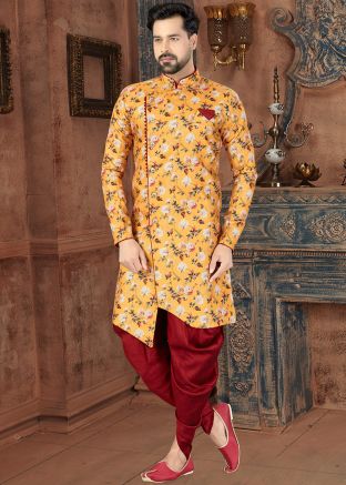 Yellow Digital Floral Printed Sherwani Dhoti Set