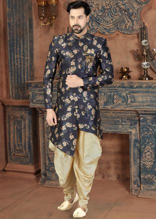 Navy Blue Floral Digital Printed Sherwani Dhoti Set