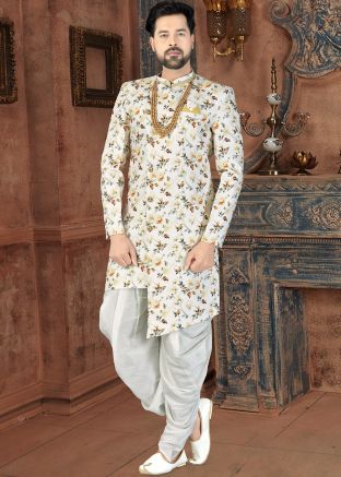 Off White Floral Print Asymmetric Sherwani Dhoti Set