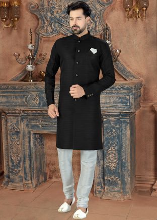 Black Art Silk Readymade Sherwani With Churidar