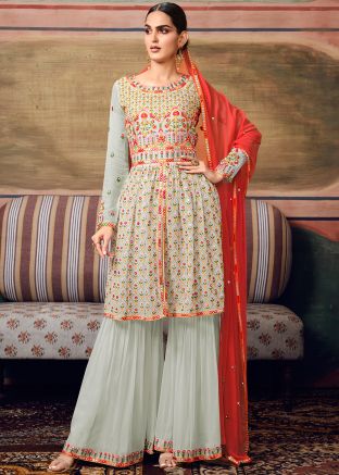 Off White Embroidered Gharara Suit Set In Georgette