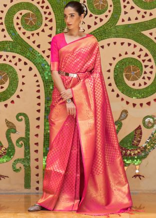 Art Silk Pink Woven Saree With Blouse