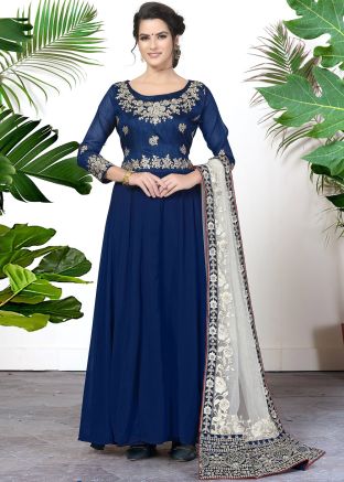 Blue Embroidered Anarkali Suit In Georgette