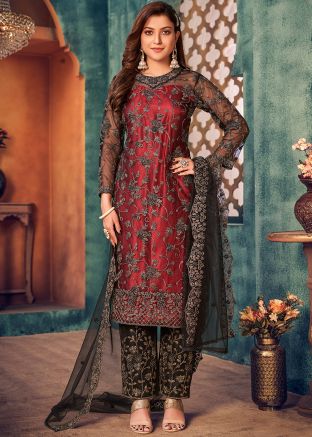 Maroon Straight Cut Suit With Dori & Sequins Work