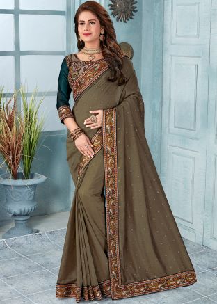 Green Heavy Border Embroidered Saree In Silk