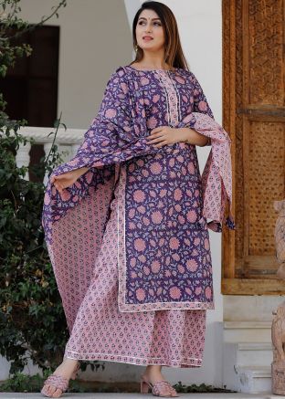 Pink Floral Block Printed Readymade Palazzo Suit
