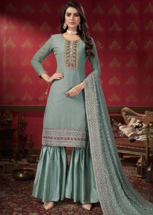 Blue Georgette Embroidered Kameez With Gharara