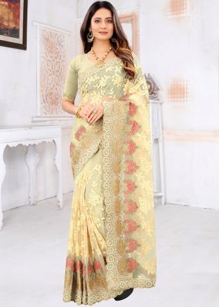Cream Net Saree With Resham & Stone Work