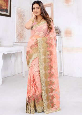 Zari Embroidered Net Saree & Blouse In Green