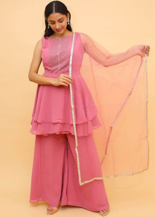 Readymade Pink Embellished Layered Palazzo Suit