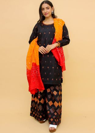 Navy Blue Readymade Embroidered Palazzo Suit