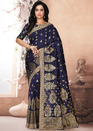 Navy Blue Stone Embellished Saree In Kanjivaram Silk