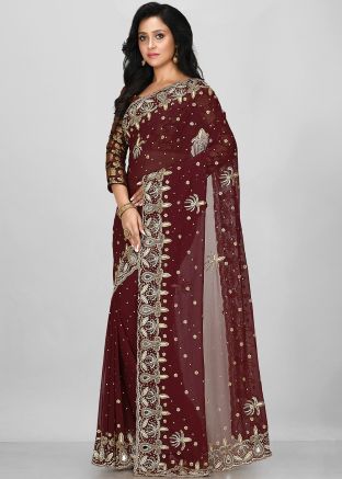 Maroon Stone Embellished Saree In Georgette
