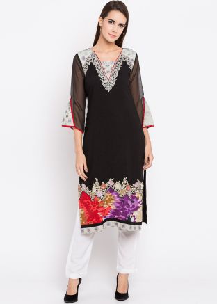 Black Embroidered Readymade Cotton Kurti