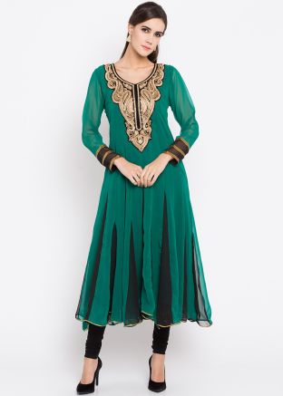 Green Embroidered Flared Georgette Kurti