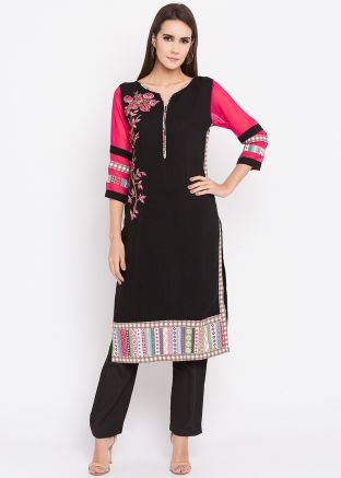 Black Readymade Embroidered Cotton Kurti