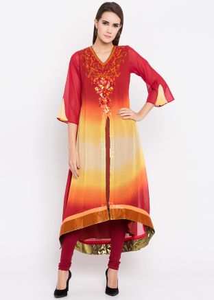 Shaded Red Asymmetrical Georgette Kurti