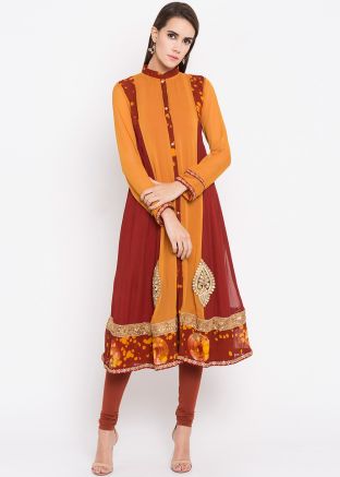 Maroon And Yellow Readymade Georgette Kurti