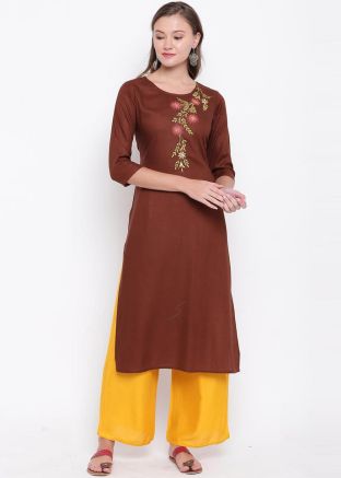 Readymade Brown Embroidered Kurta With Palazzo