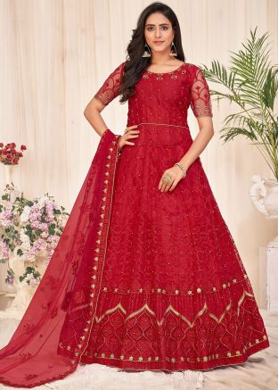 Red Embroidered Anarkali Style Suit In Net