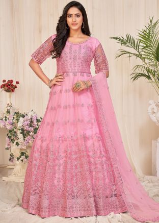 Pink Embroidered Net Anarkali Salwar Suit