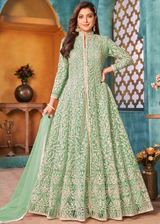 Green Embroidered Slitted Anarkali Suit