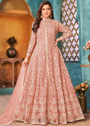 Peach Slit Style Embroidered Anarkali Suit Set