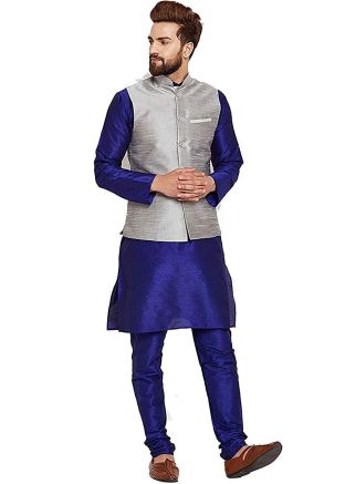 Blue Readymade Kurta Churidar With Nehru Jacket