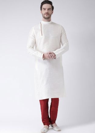 Readymade White Dupion Silk Kurta With Churidar