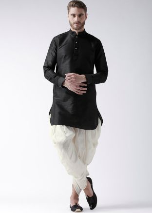 Black Dupion Silk Readymade Kurta With Dhoti