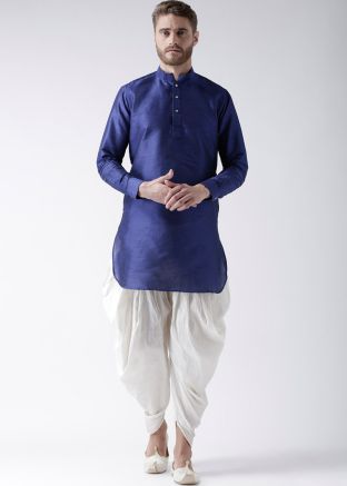 Blue Readymade Dupion Silk Kurta With Dhoti