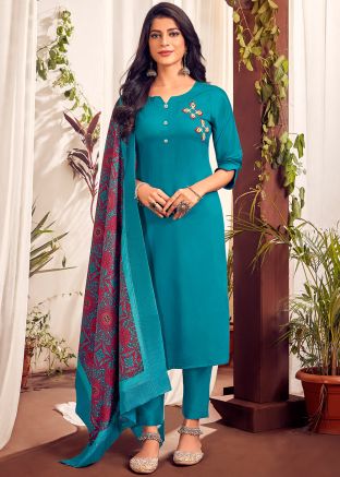 Blue Readymade Pant Style Suit In Cotton